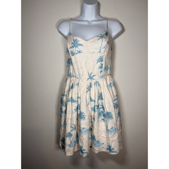Gianni Bini Dresses & Skirts - NWT Gianni Bini Linen Blend Palm Print Mini Dress Size 8 Cream Blue Beach Summer